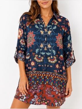 Love Kyla Large 100% Cotton Boho Floral Button Front Tunic Cover Up